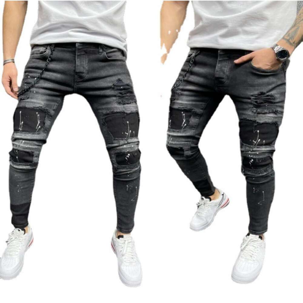 Spring Festival Does Not Close. Men's Distressed Printed Sell on Sale, with Patches and Elastic Small Leg Jeans