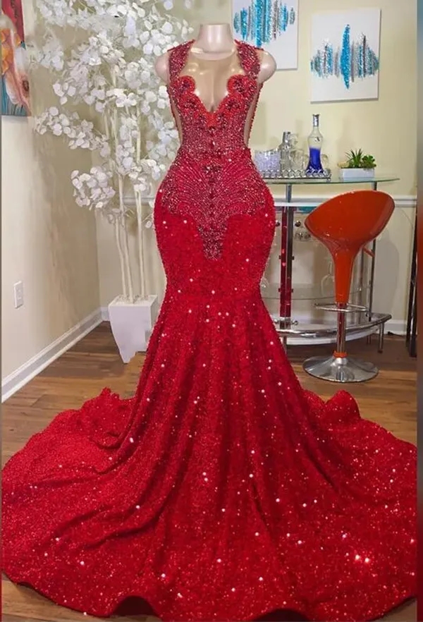 Red Long Mermaid Dresses 2024 Black Girls Sheer Crew Neck Dias Style Sparkly Rhies Crystals Sequined Prom Party Formal Evening Gowns 6660311