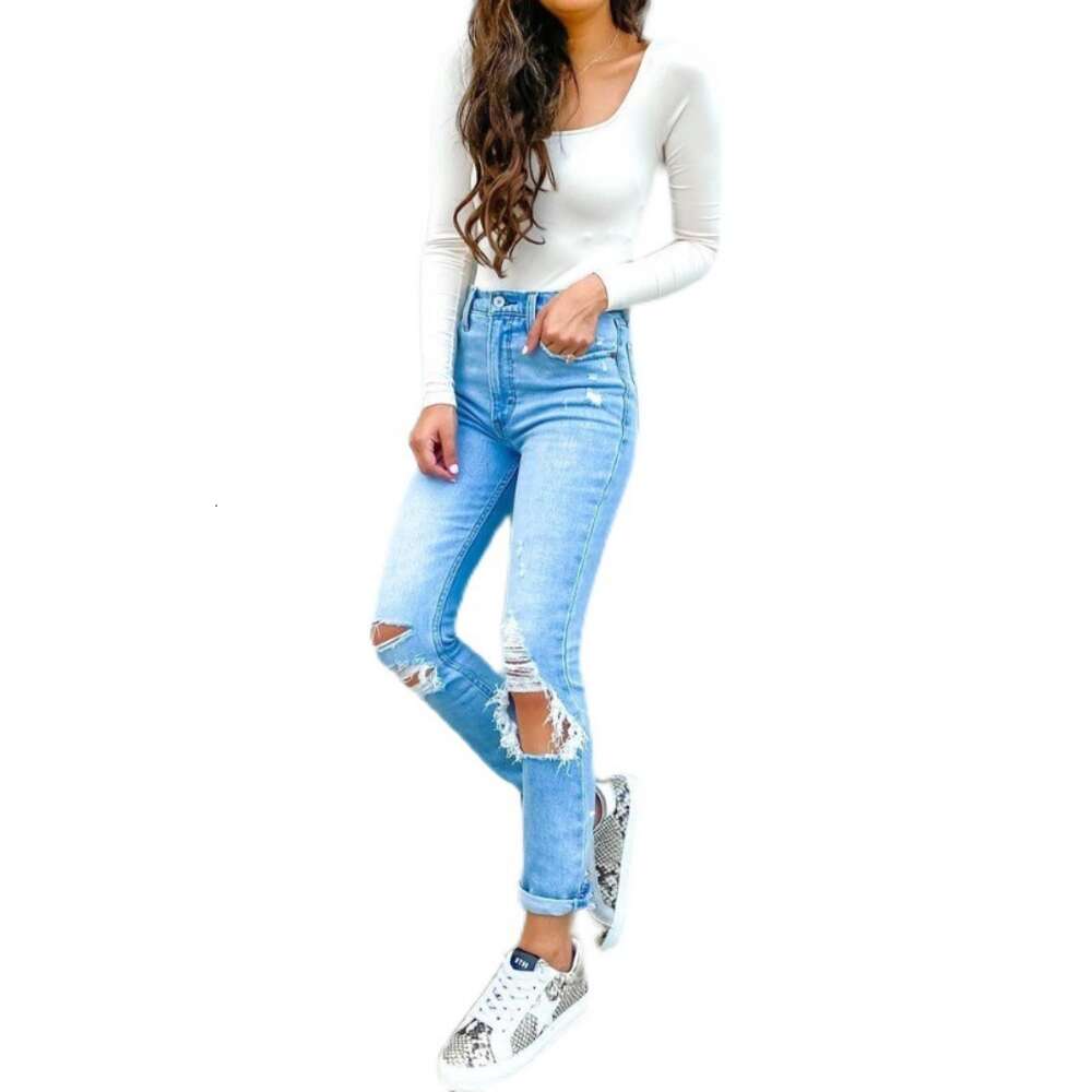 2024 New Personalized Slim Street Straight Leg Pants High Waist Worn and White Washed Jeans for Women