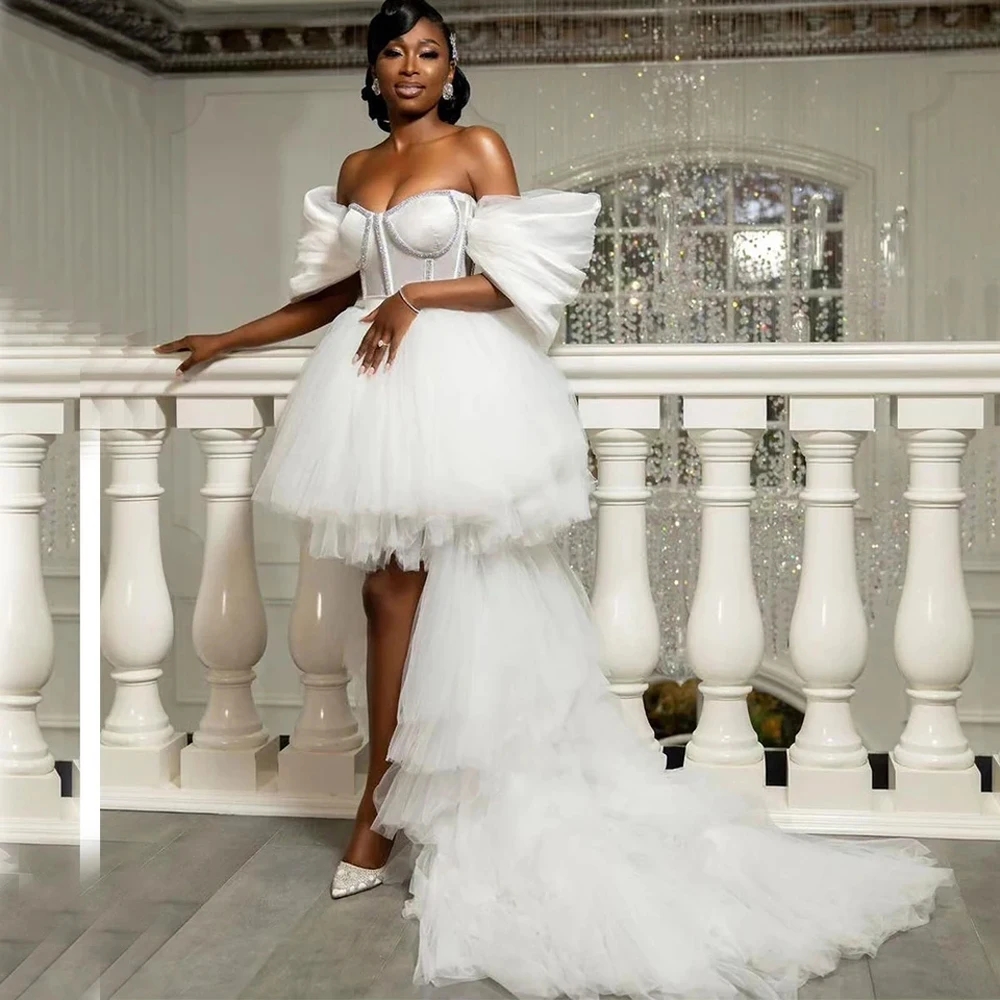 New Arrival White High Low Prom Birthday Dress 2024 Off the Shoulder Puff 3D Sleeves Tulle Evening Formal Party Gowns Robe De Soiree