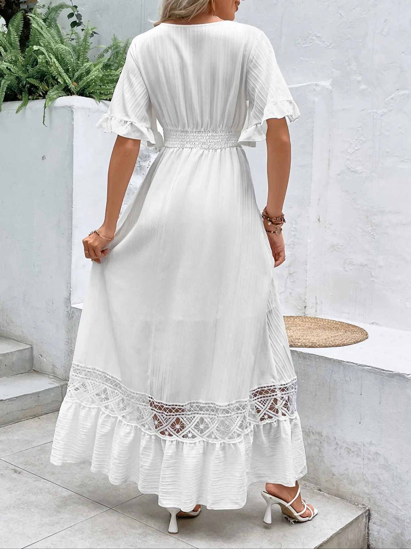 Elegant Solid White Long Dress Clothing Bohemia Hollow Hem Sexy Short Sleeves Dresses High Waist Beach Party Maxi 240313