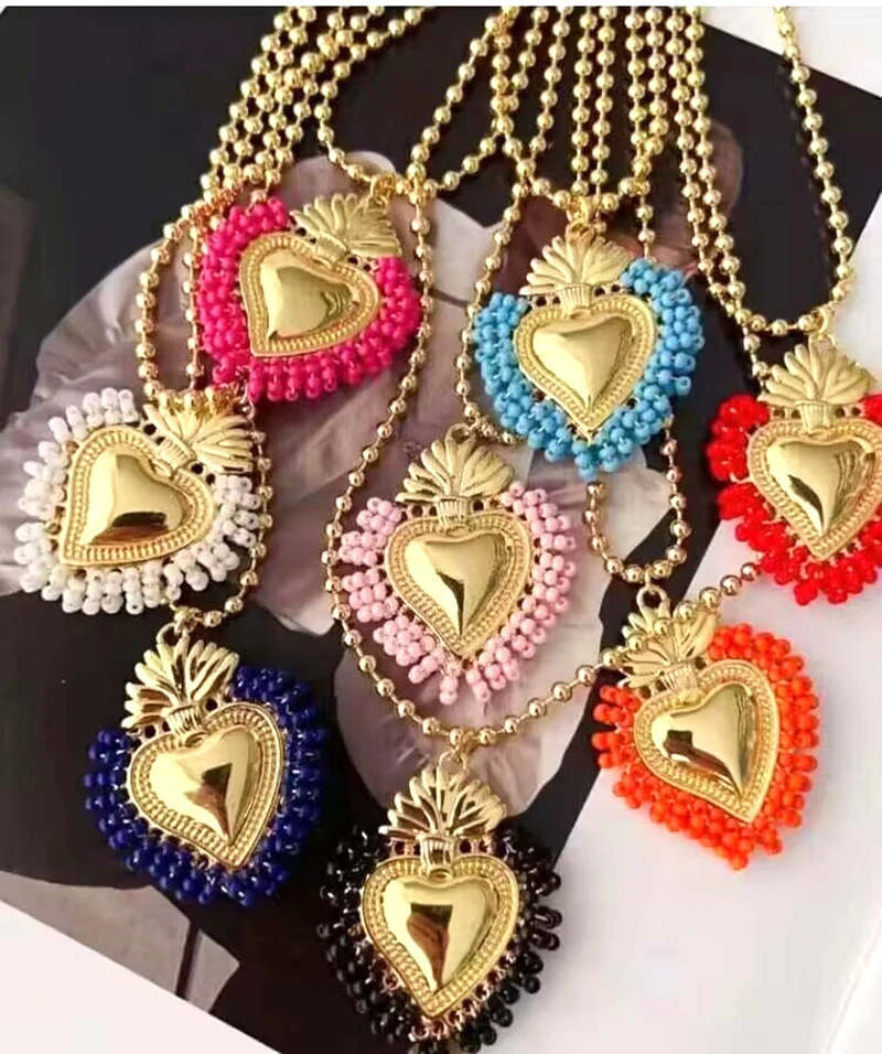 10Pcs Bohemia Gold Plated Colorful Miyuki Beads Love Heart Pendant Fashion Christian Pendants Copper Bead Chain Necklaces 240314
