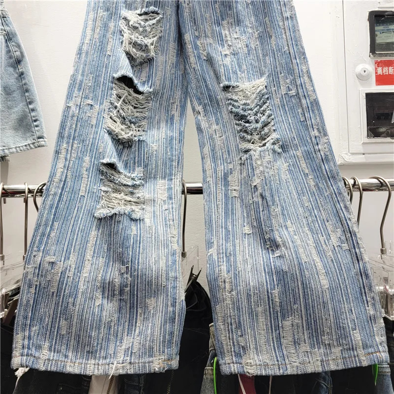 Striped Ripped Jeans for Women Spring Autumn Washedout StraightLeg Pants Denim High Waisted Vintage Clothes 240307