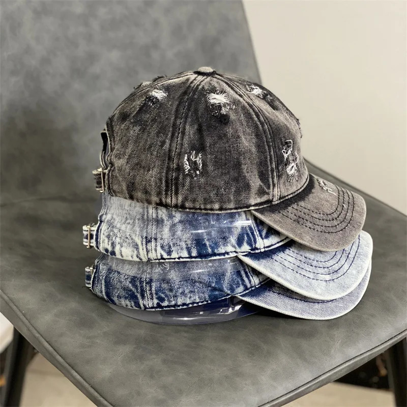 Fashion Denim Cap Casual Washed Old Hole Jean Baseball Cap Vintage Men Blank Hat Women Hip Hop Cap Bone 240220