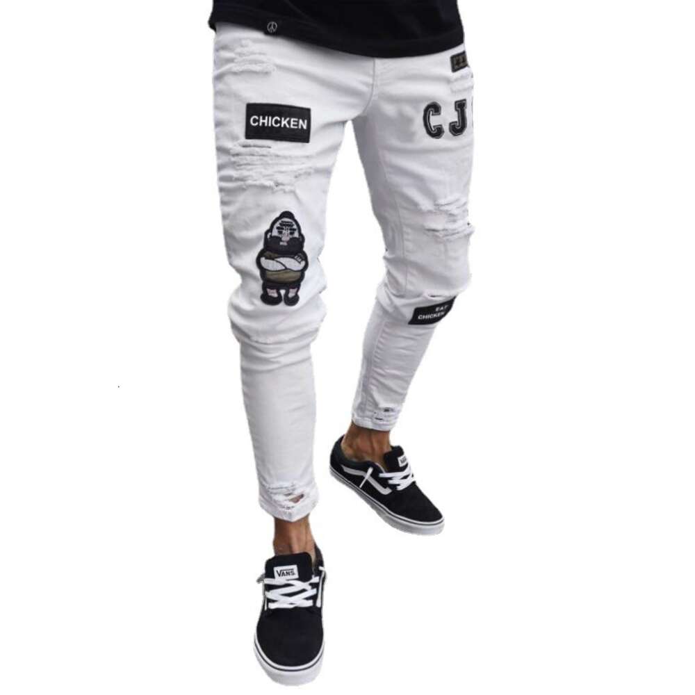 Men's Hip-hop Slim Fit Distressed Leggings Badge Elastic Jeans New Style