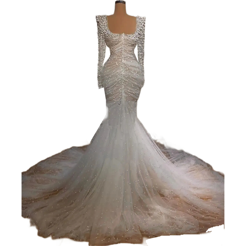 Luxury Pearls Beaded Mermaid Wedding Dresses Pleats Slim fit Sexy Bridal Reception Dress Court Train Modern Long Sleeves Bride Formal Gown 2024