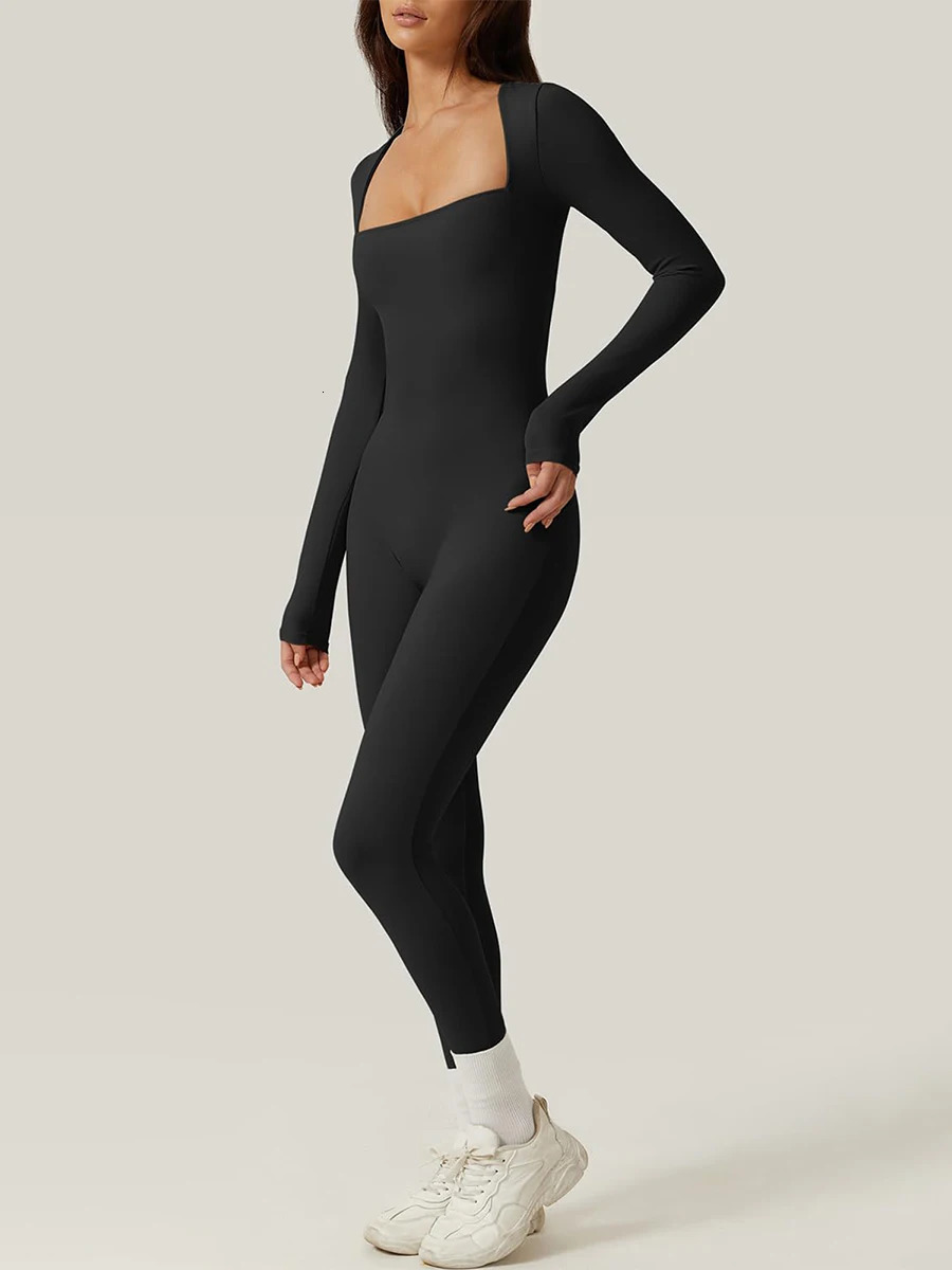 Women Square Neck Long Sleeve Jumpsuit Full Length Leggings Bodycon Romper Workout Yoga Playsuit Bodysuit 240307