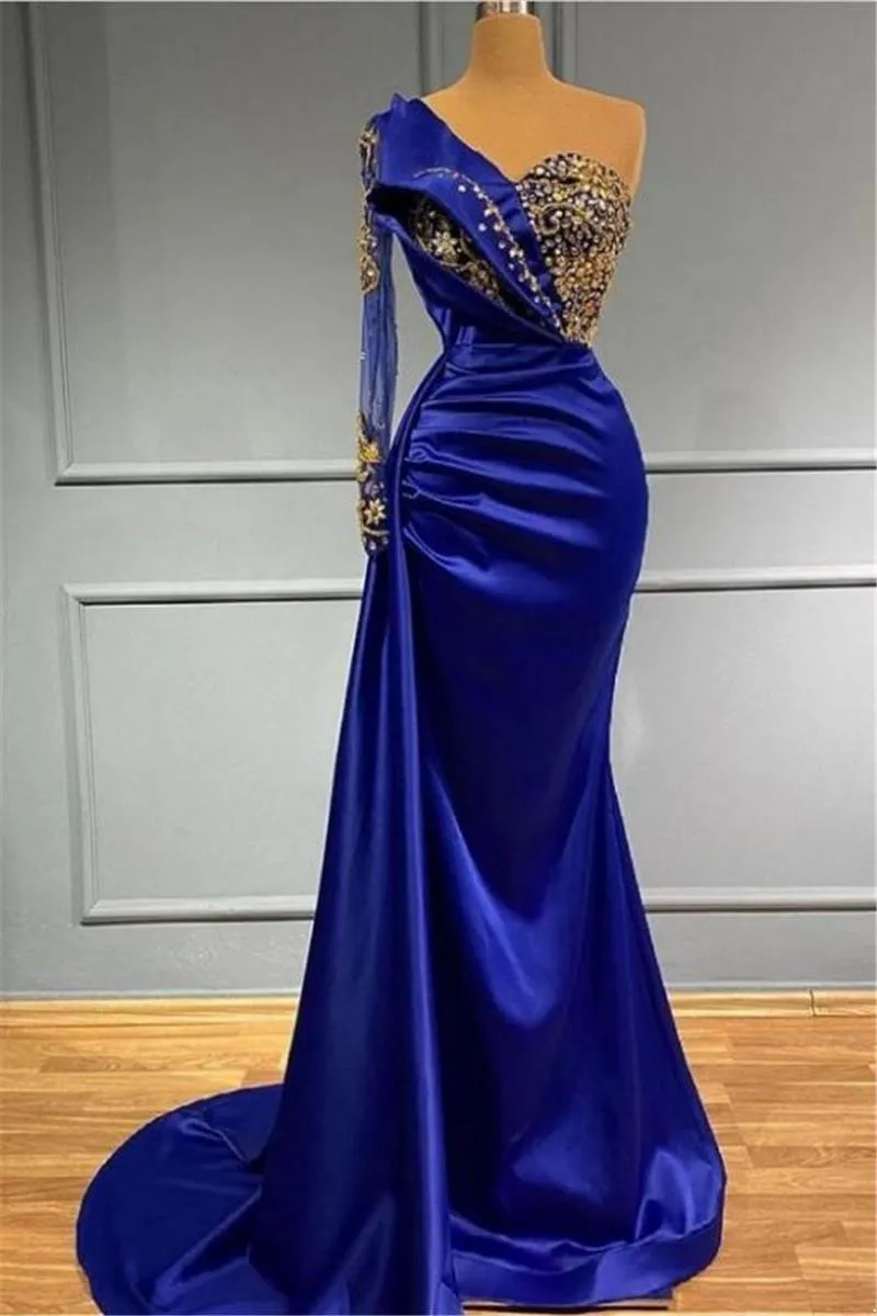 Royal Blue Evening Dresses With Gold Beads Crystals Vintage One Shoulder Sleeve Pleats Satin Long Prom Party Gowns Formal Arabic Vestidos