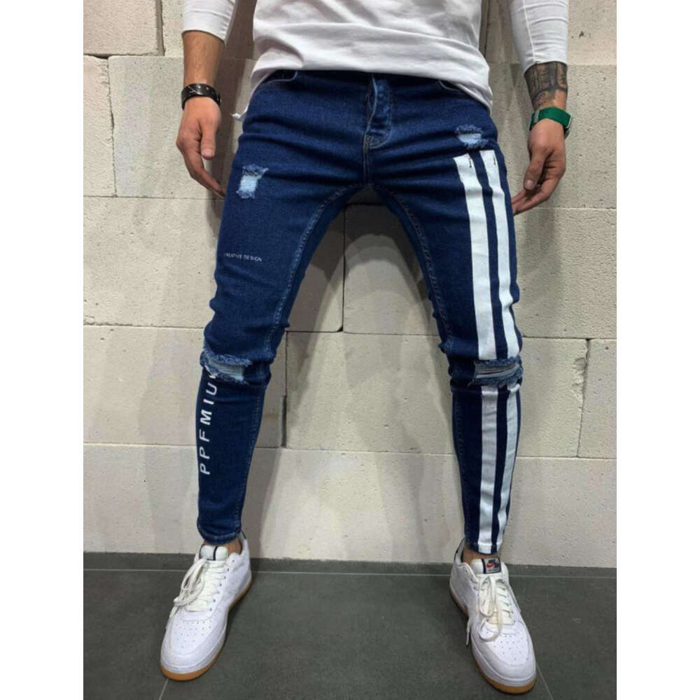 2024 Men's Distressed Elastic Small Leg with Printed Jeans for Men's New Styles