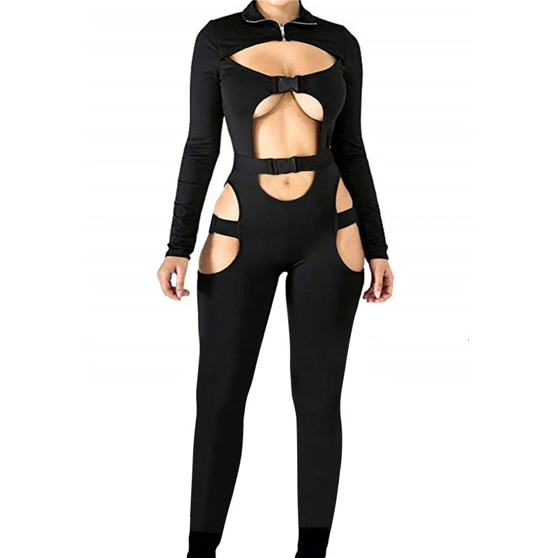 Sexy Women Bodycon Jumpsuit Solid Color Overalls Long Sleeves Rompers Bodysuits High Neck Hollow Out Buckle Biker Short Clubwear 240311