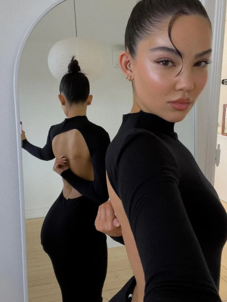 Tossy Black Backless Slim Long Dress For Women High Split Fashion Long Sleeve Patchwork Party Dress Ladies Elegant Maxi Dress 240311