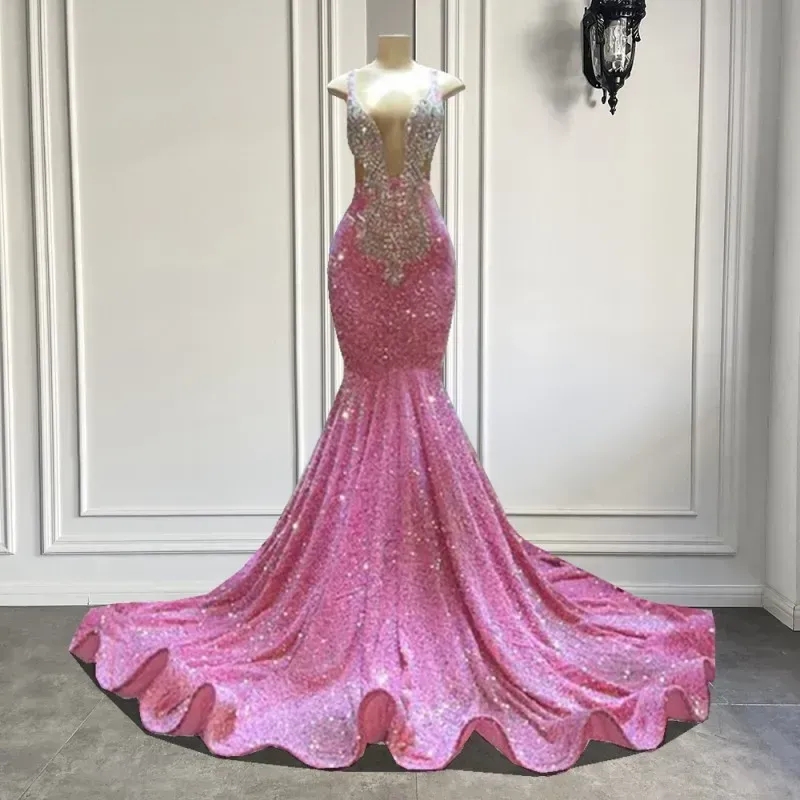 Sparkly Pink Mermaid Prom Dresses With Silver Sequins Beads Sexy V Neck Evening Gowns For Black Girls Graduation Party Met Gala Evening Gowns Vestidos