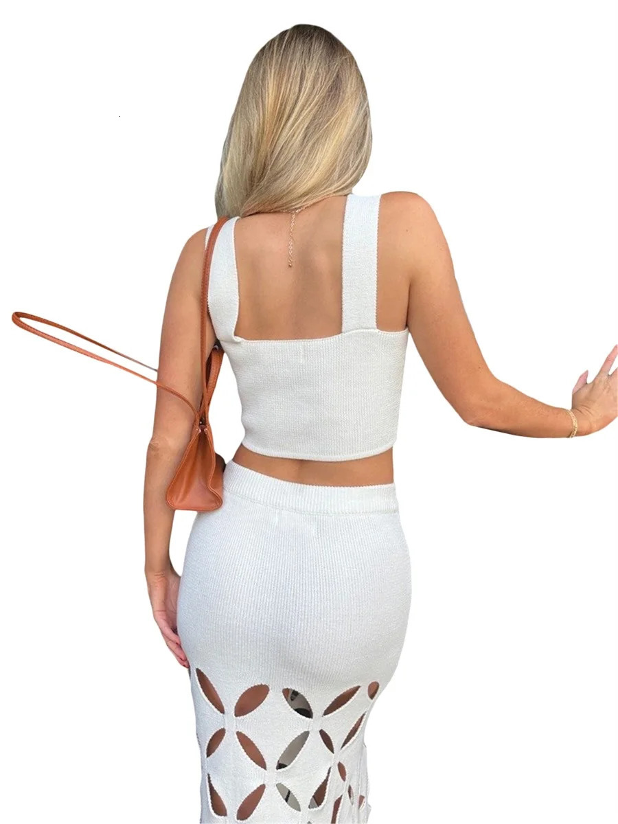 Women Sexy Knitted 2 Piece Outfits Sleeveless Tank Crop Top and Cut Out Midi Skirts Summer Beach Dress Sets White S 240329