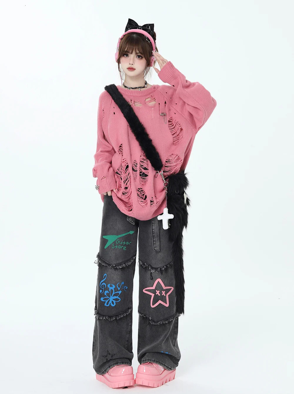American Retro Graffiti Womens Jeans Autumn Winter Casual Star for Women Patchwork High Waist Y2K Pants with Belt 240307