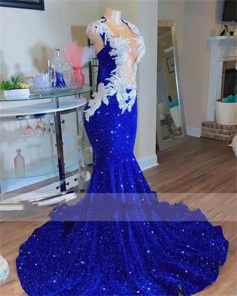 Sparkly Royal Blue Mermaid Prom Crystal Rhinton Graduation Party Drs Evening Gowns Robe De Bal Custom Made