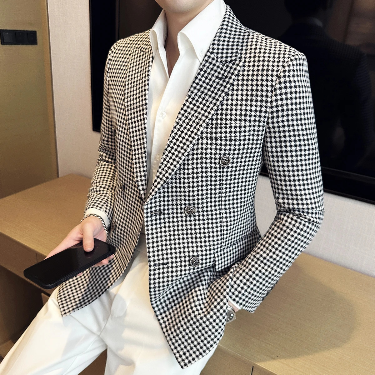 British Style Fashion Double Breasted Casual Blazer Coat 2023 Men Check Slim Fit Suit Jacket Formal Office Wedding Tuxedo 240311