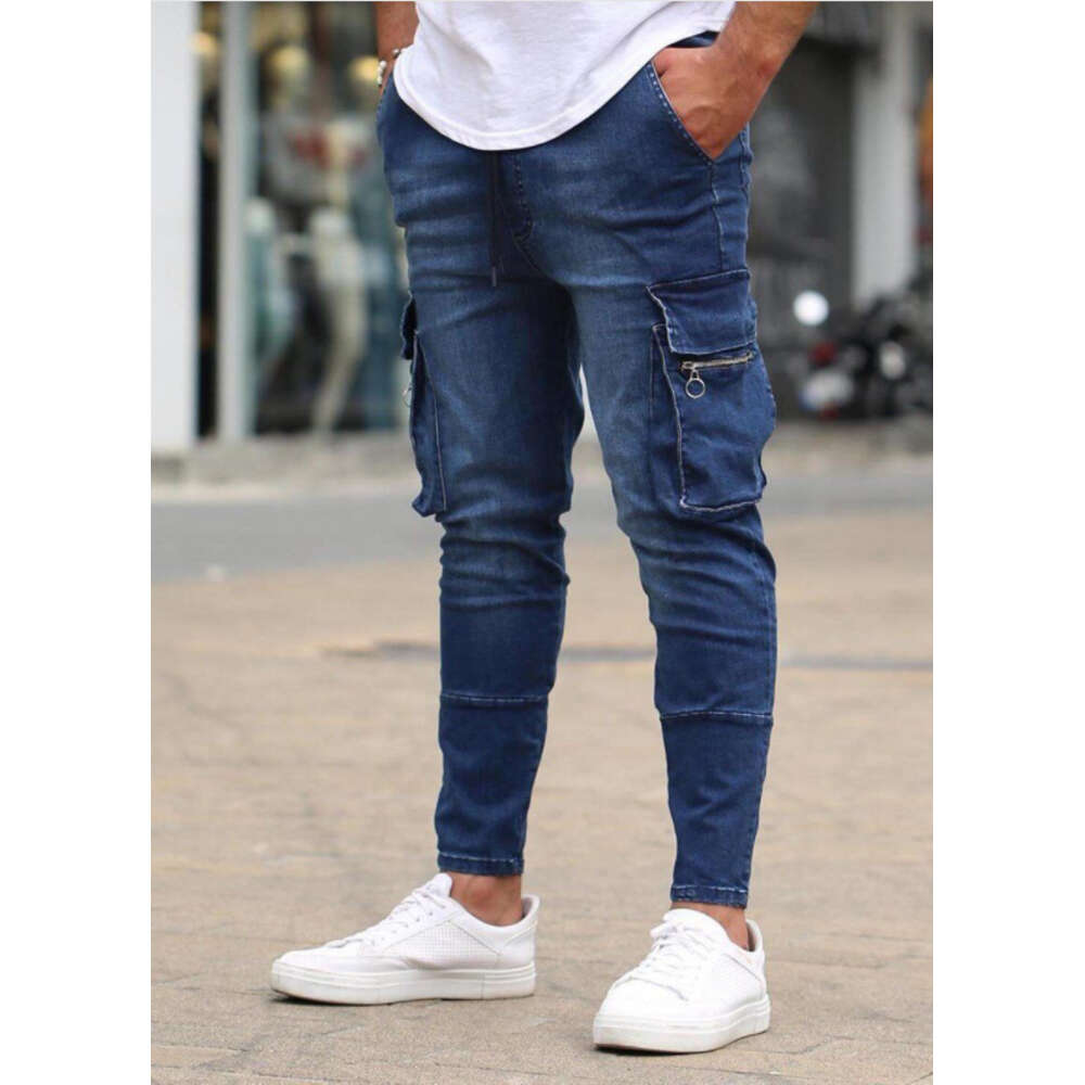 Men's Multi Pocket Zipper Decorative Elastic Workwear Jeans New Style