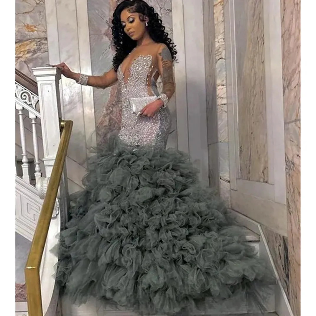 Sier Prom Dress Mermaid Long Sleeves Beads Ruffles African Evening Party Dresses Vestidos De Gala 0914