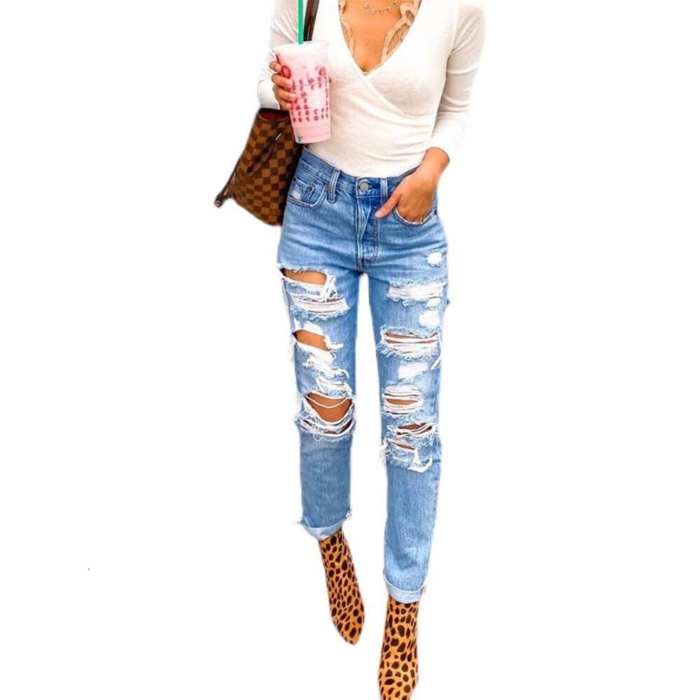 2024 Summer New Denim Hot Selling Personalized Perforation Slimming Pants