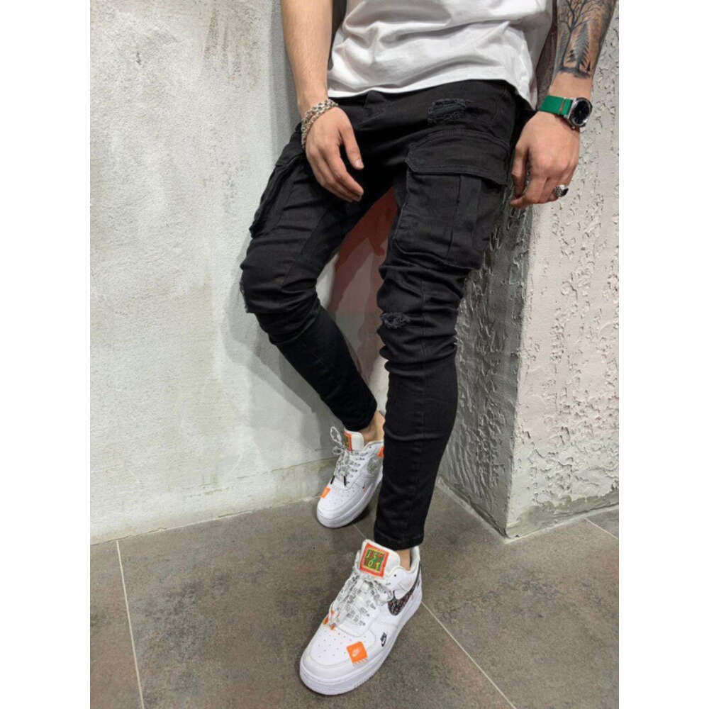 Spring Festival Does Not Close, Multiple Pockets with Holes, Elastic Small Leg Jeans, High-quality Denim Workwear Pants, Men's New Style