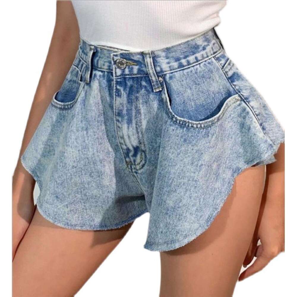 Summer New Women's Denim Shorts Irregular Jeans High Waist Ruffle Edge Flare Pants