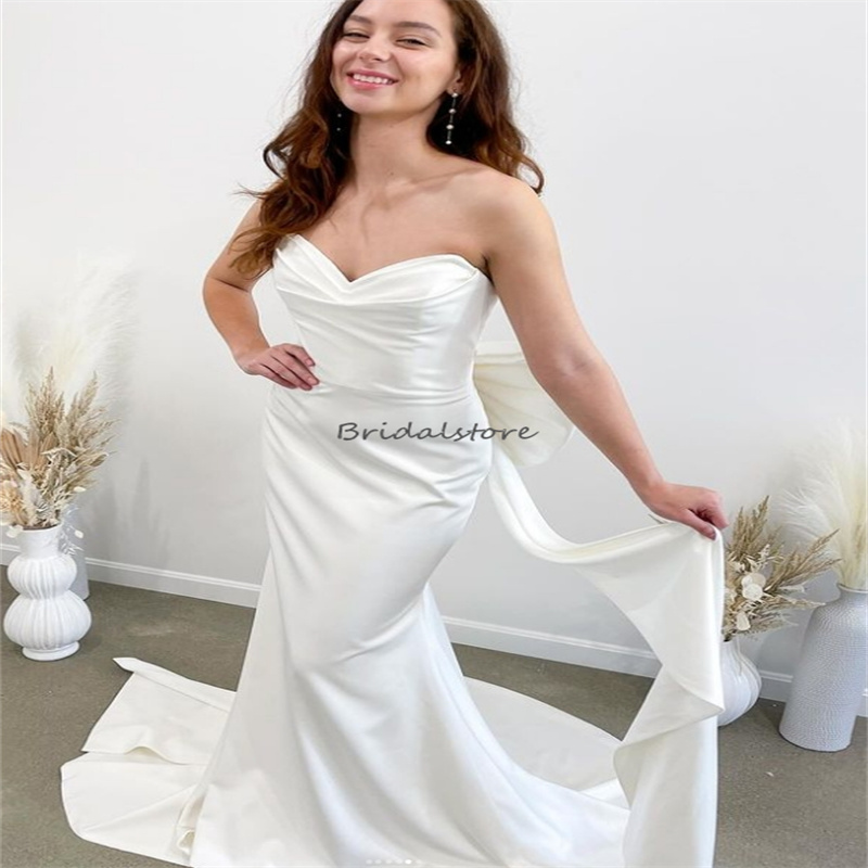 Chic Civil Boho Wedding Dress With Big Bow Elegant Mermaid Sweetheart Satin Beach Bridal Dresses 2024 Sweep Train Rustic Country Bride Dress Greek Ves