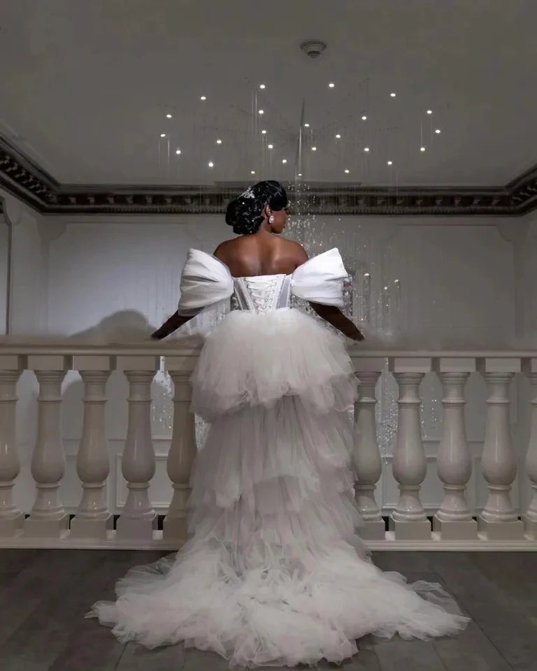 New Arrival White High Low Prom Birthday Dress 2024 Off the Shoulder Puff 3D Sleeves Tulle Evening Formal Party Gowns Robe De Soiree