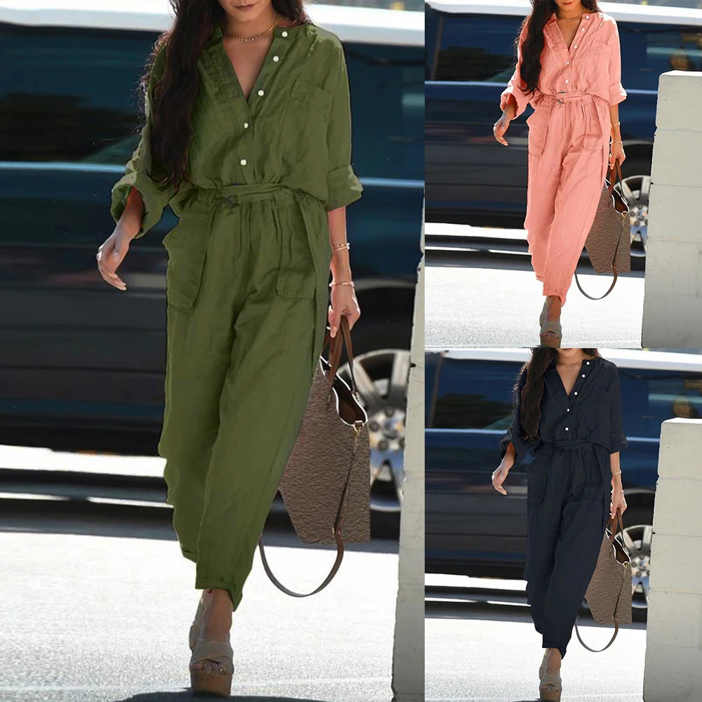 Cotton Linen Oversized Jumpsuit For Woman Tight High Waist Solid Loose Long Pants Female Clothing Rompers Bodysuit Trousers 240307