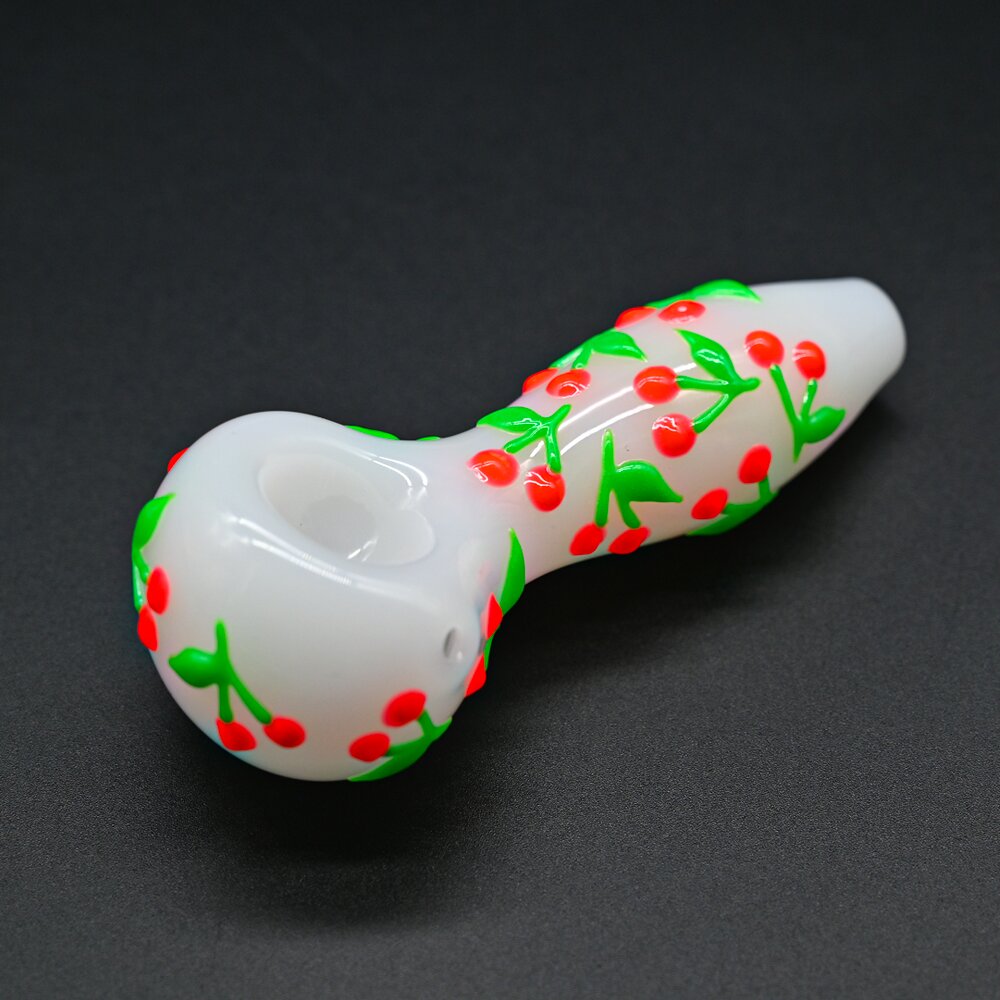 4in,Colorful Hand Drawn Glass Pipe,Cartoon Cherry Pattern With Glow In Dark,White Jade Pipe,Borosilicate Glass Bongs,Glass Hookah,Smoking Accessaries