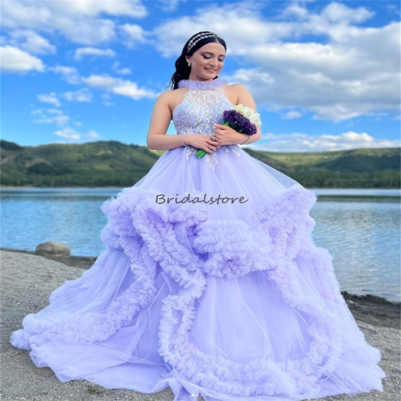 Gorgeous Lilac Prom Dresses With Ruffles Fairytale A Line Tulle Evening Gowns Appliques Luxury Photograph Formal Dress 2024 Backless Special Occasion 