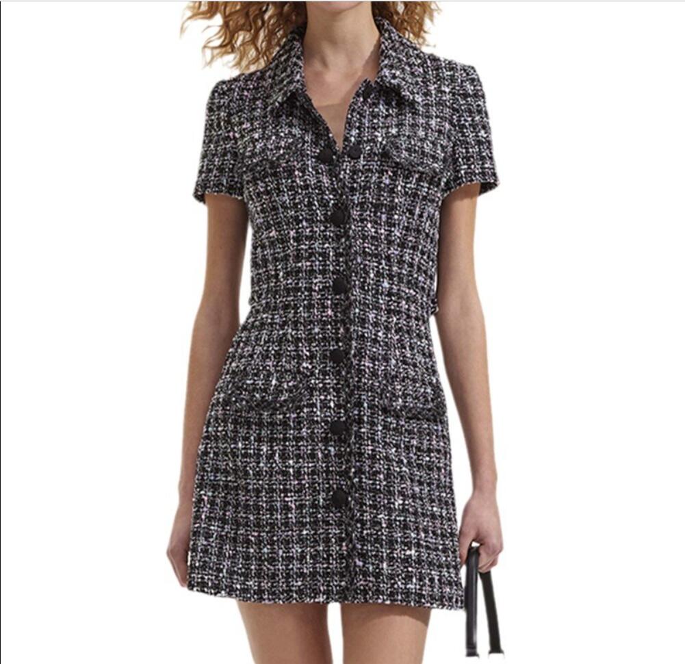 2024 Spring/Summer s - Self Port/rait-p Thousand Small Polo Collar Checkered Waist Waist Open Back Short Sleeve Single breasted Tweed Short Skirt