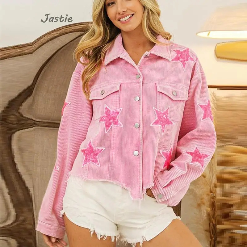 Distressed Corduroy Jacket Womens Baseball Sequin Lapel Long Sleeve Autumn And Winter Jacket Tops For Outerwear 240229