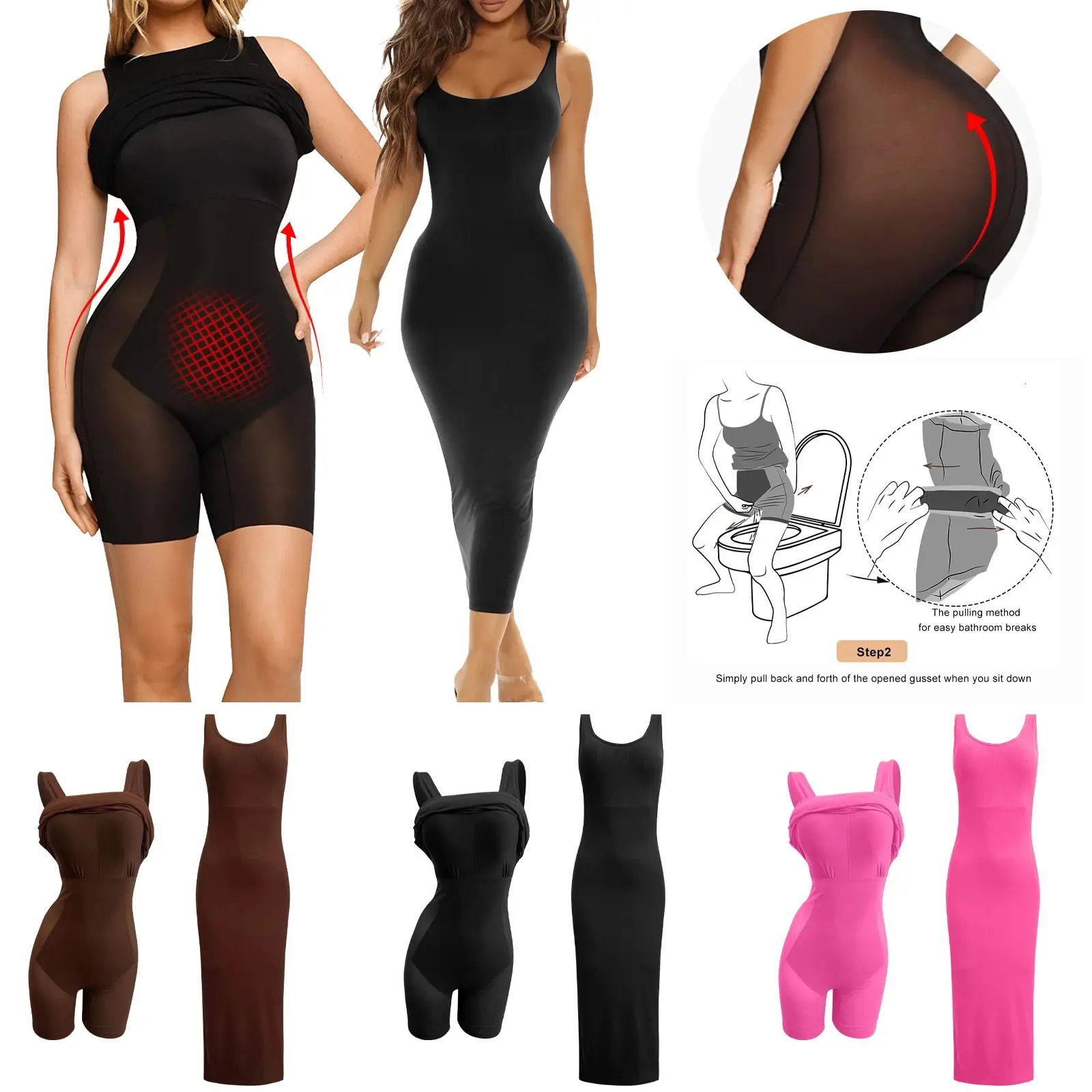 BuiltIn Shapewear Slip Maxi Lounge Dress Body Shaper Women Tummy Control Sleeveless Summer Bodycon Dresses 240314