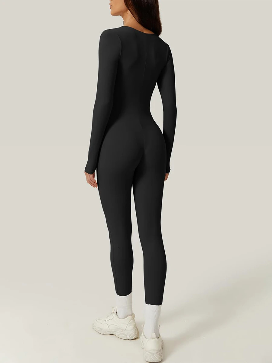 Women Square Neck Long Sleeve Jumpsuit Full Length Leggings Bodycon Romper Workout Yoga Playsuit Bodysuit 240307
