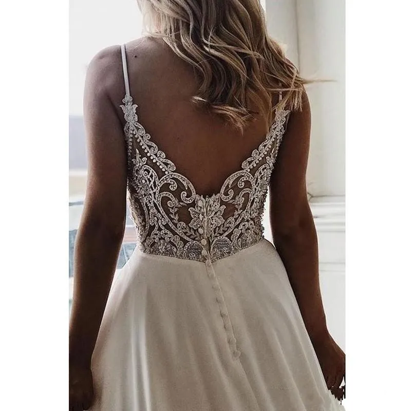 V Neck Chiffon A e Boho Beach Wedding Dresses Beaded Applique Formal Bridal Gowns Custom Bride Dress Vestidos De Novia