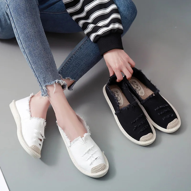 Womens Flat Slip On Canvas Summer Strap Loafers Straw Espadrilles Ladies Casual Comfort Ripped Lazy Shoes Female 240304