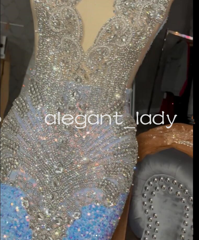 Sky Blue Sparkly Long Prom Birthday Dresses for Black Girl Gillter Velvet Diamond Crystal Evening Gown vestidos para boda de dia