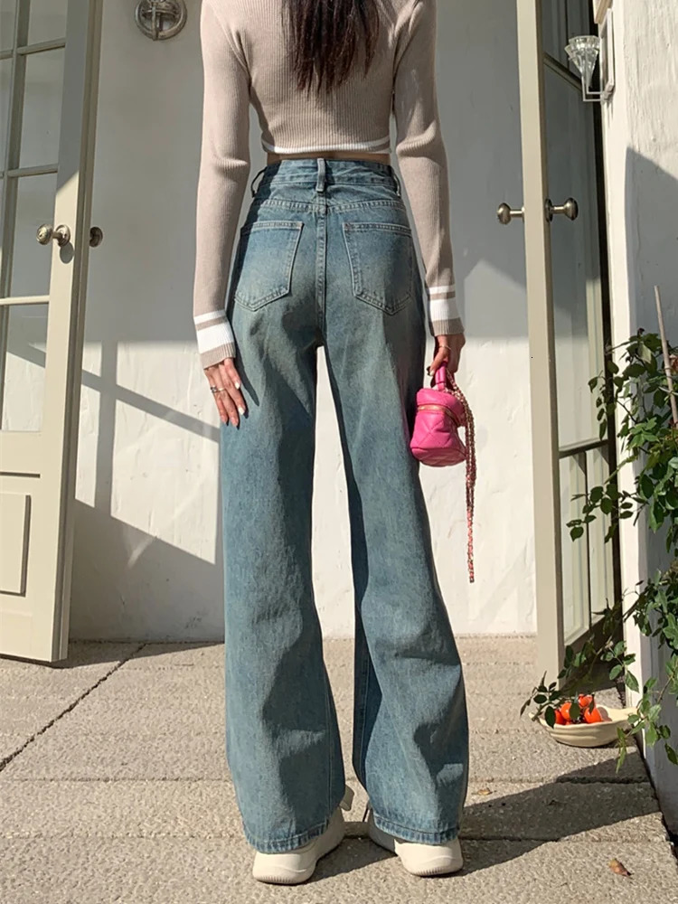 Blue Jeans Women Denim Pants High Waisted Wide Leg Chic Streetwear Trousers Y2k Korean Fashion Vintage Straight 240307