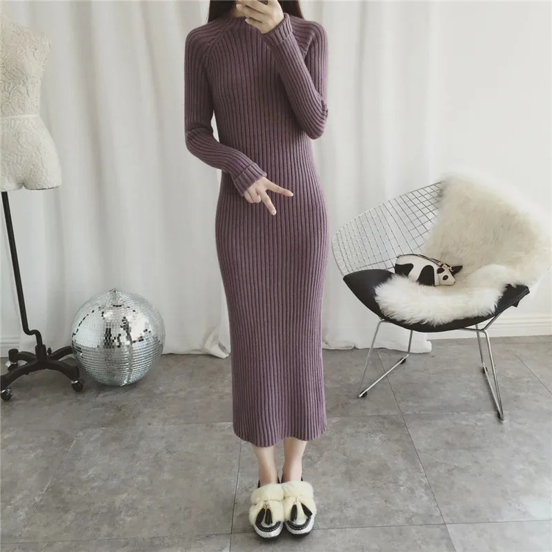 Autumn Women Bodycon Sheath Dress Sexy Red Ladies Knitted Sweater Dresses Cotton Long Sleeve Pure Casual Female Midi 240315