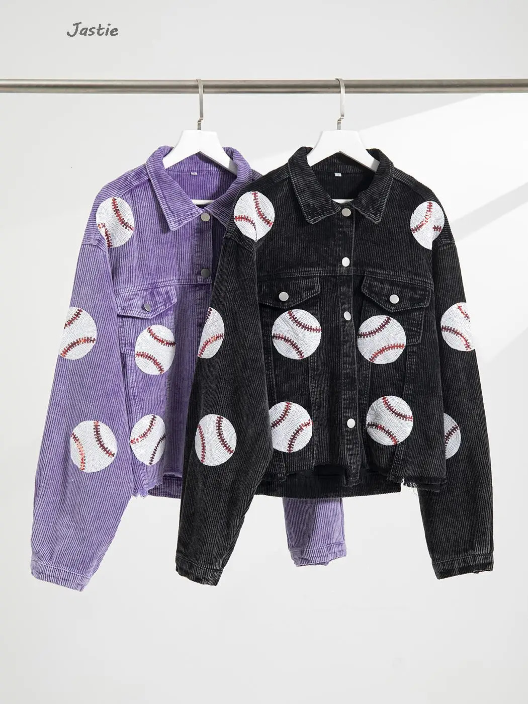 Distressed Corduroy Jacket Womens Baseball Sequin Lapel Long Sleeve Autumn And Winter Jacket Tops For Outerwear 240229
