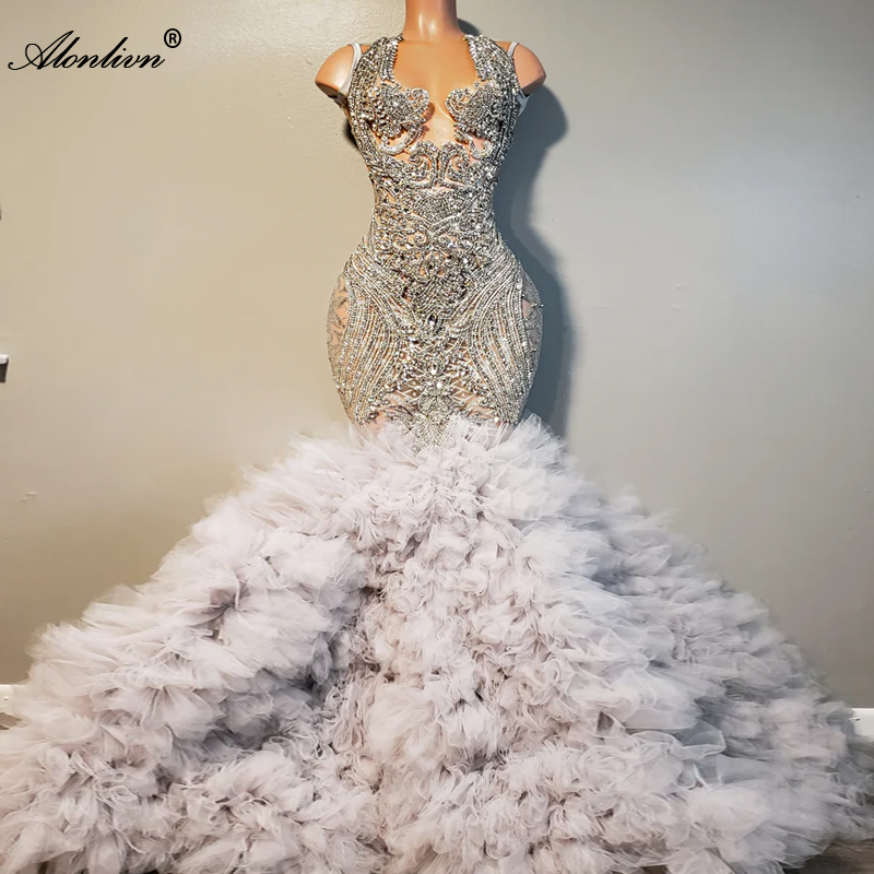 Luxurious Women Mermaid Long Flormal Dresses Illusion Neck Sparkly Beading Rhinecrystals Lace Ruffled Sliky Tulle Sleeveless Mermaid Ladies Prom Party