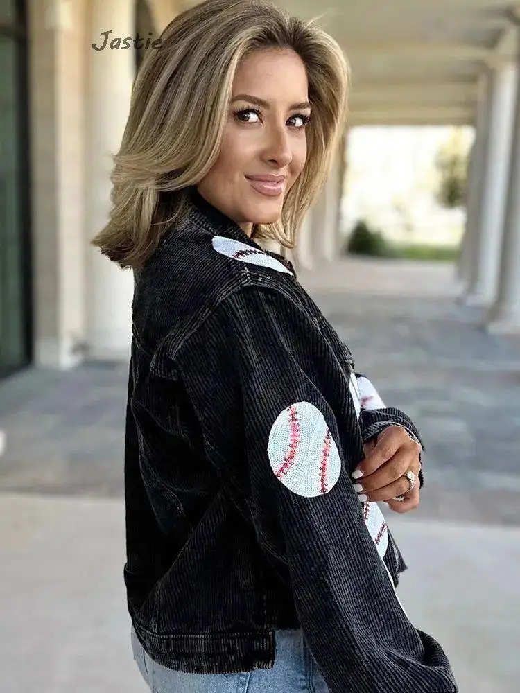 Distressed Corduroy Jacket Womens Baseball Sequin Lapel Long Sleeve Autumn And Winter Jacket Tops For Outerwear 240229