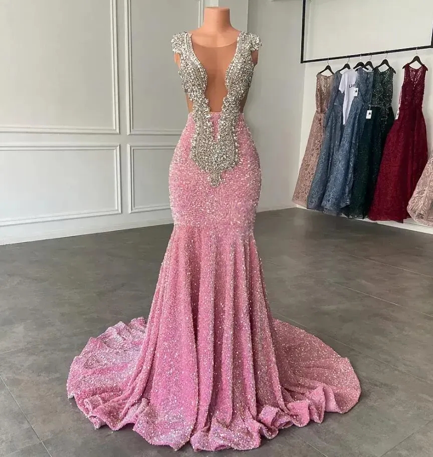 Sparkly Pink Mermaid Prom Dresses With Silver Sequins Beads Sexy V Neck Evening Gowns For Black Girls Graduation Party Met Gala Evening Gowns Vestidos