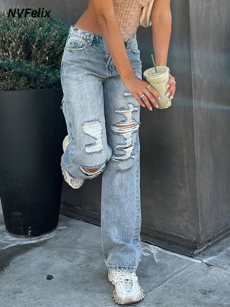 Ripped Jeans Women 90s Vintage Straight High Waist Loose Denim Trousers Y2k Clothing Baggy Pants Slim Streetwear Clothes 240307