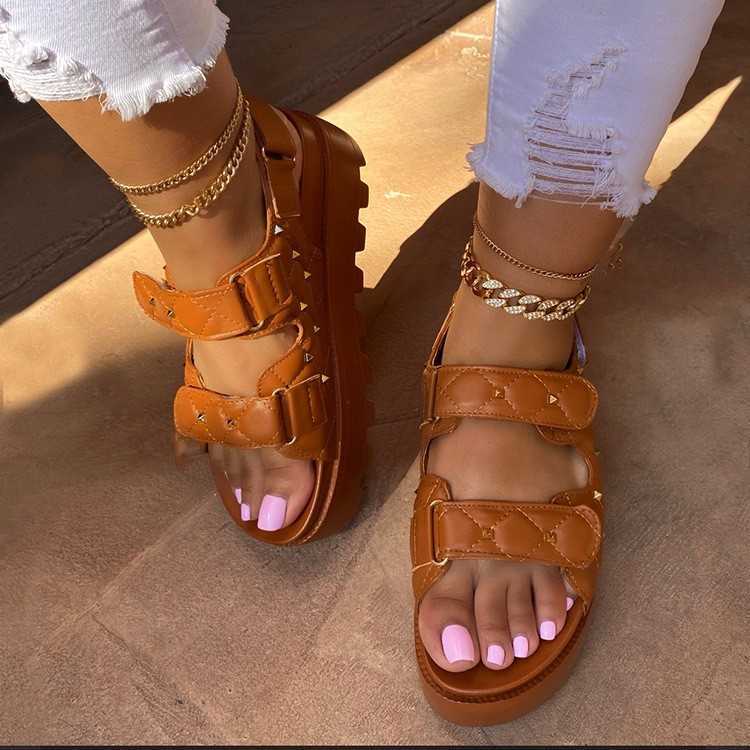 Sandals Sandals for women 23 new style rivet checkered sponge cake thick sole large size one word Velcro Roman sandals J240315