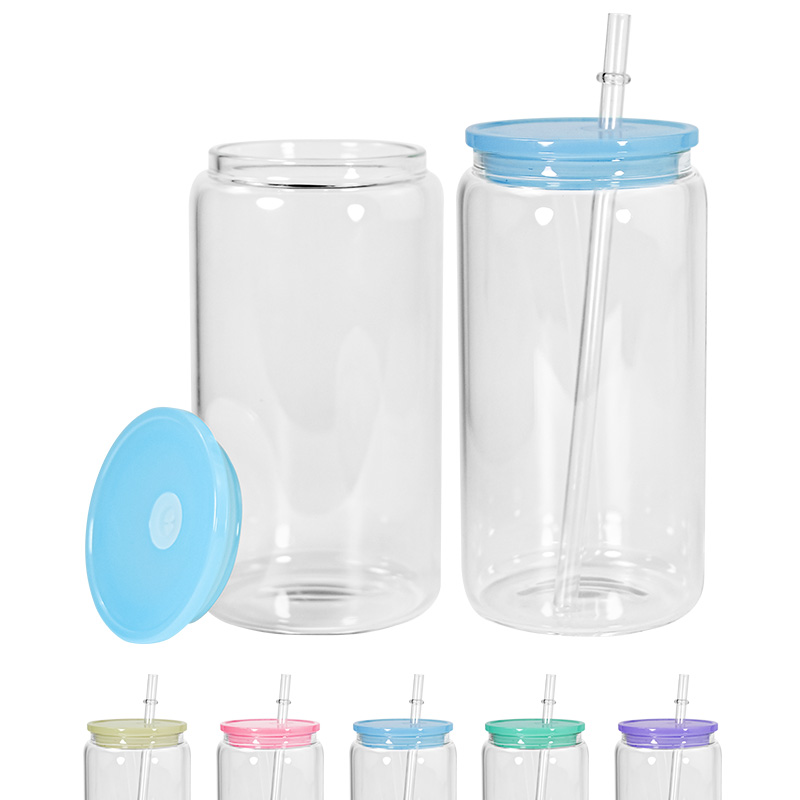 Blank Sublimation 16oz Glass Can with PP Lids Tumbler shape Bottle with Lid and Straw Summer Drinkware Mason Jar Juice Cup Z11