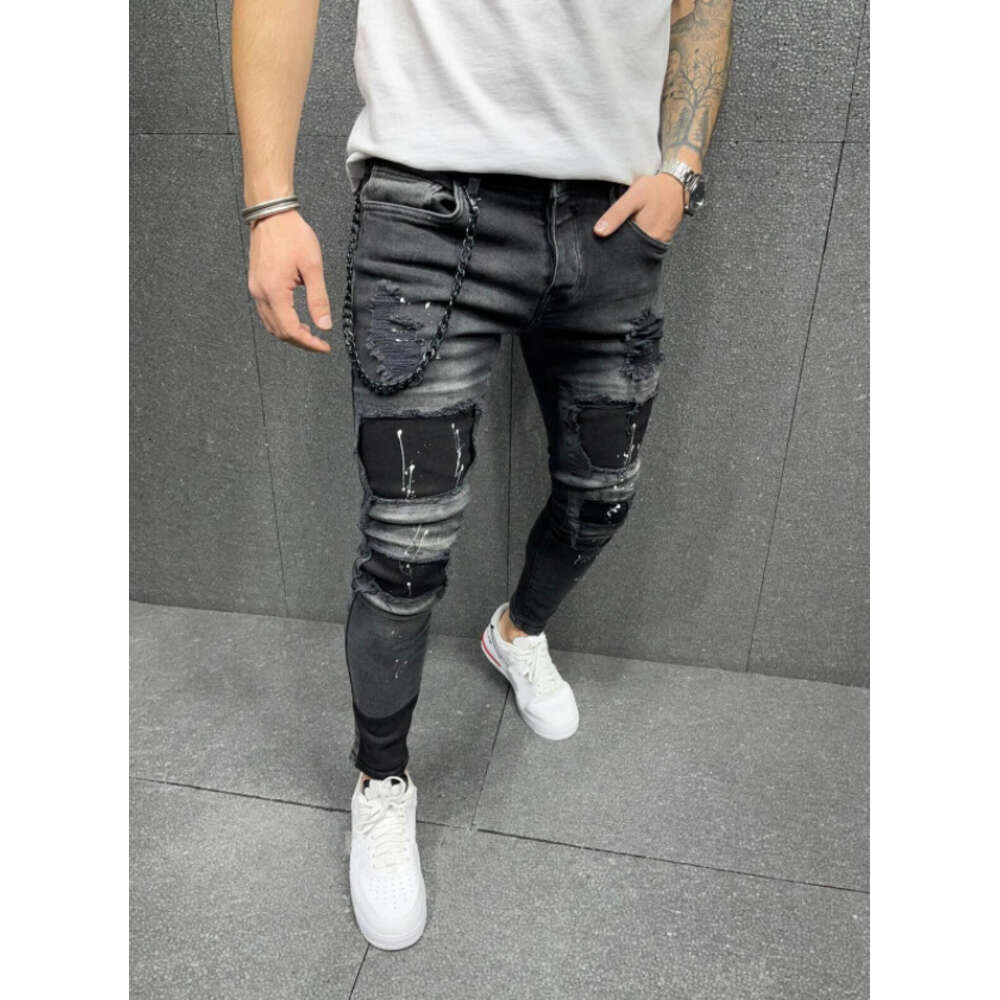 Spring Festival Does Not Close. Men's Distressed Printed Sell on Sale, with Patches and Elastic Small Leg Jeans