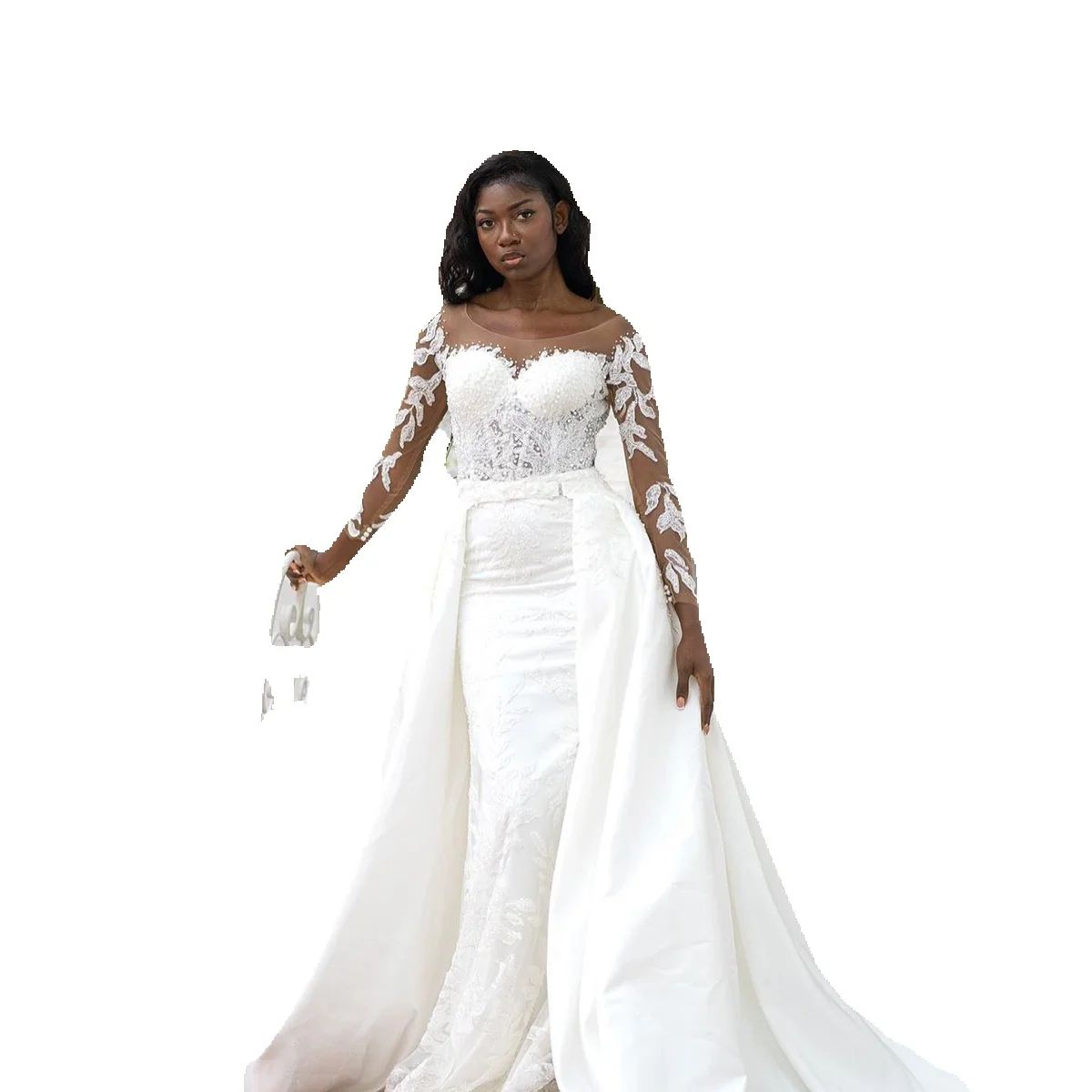 Plus Size Mermaid Wedding Dresses With Detachable Train Nude Jewel Neck Long Sleeves Bridal Gowns Lace Applique Beach Ruffles Custom Made