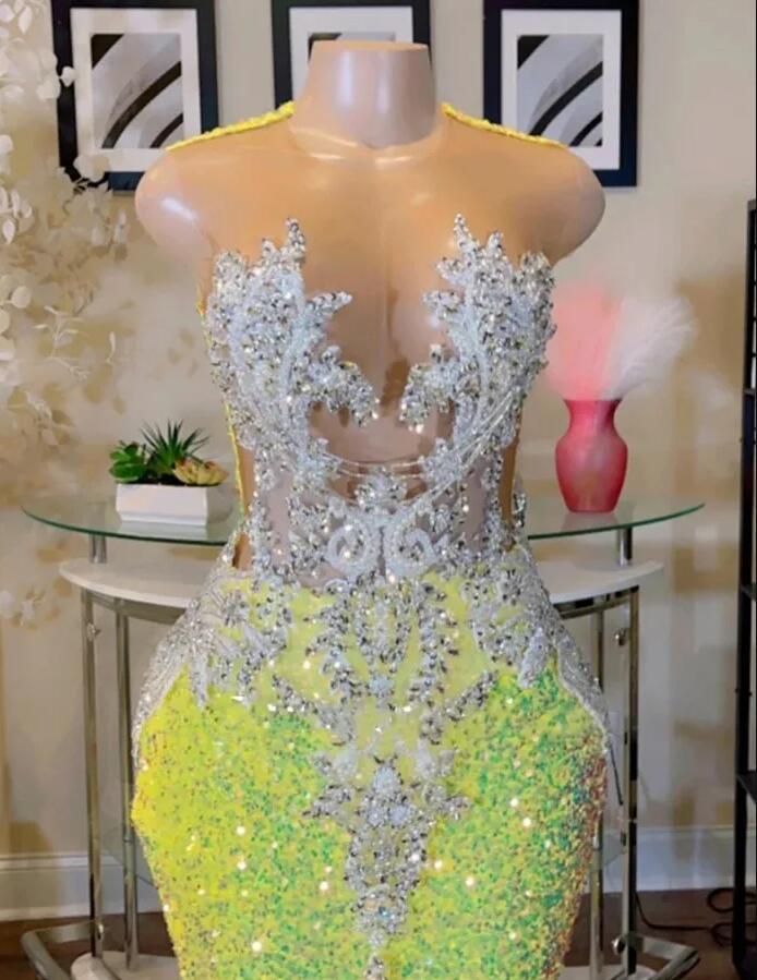 Glitter Sier Sequined Mermaid Prom Dresses Sheer Neck Lace Applique Beaded Sweep Train Formal Party Evening Gowns Robe Bc15713 0315 0220