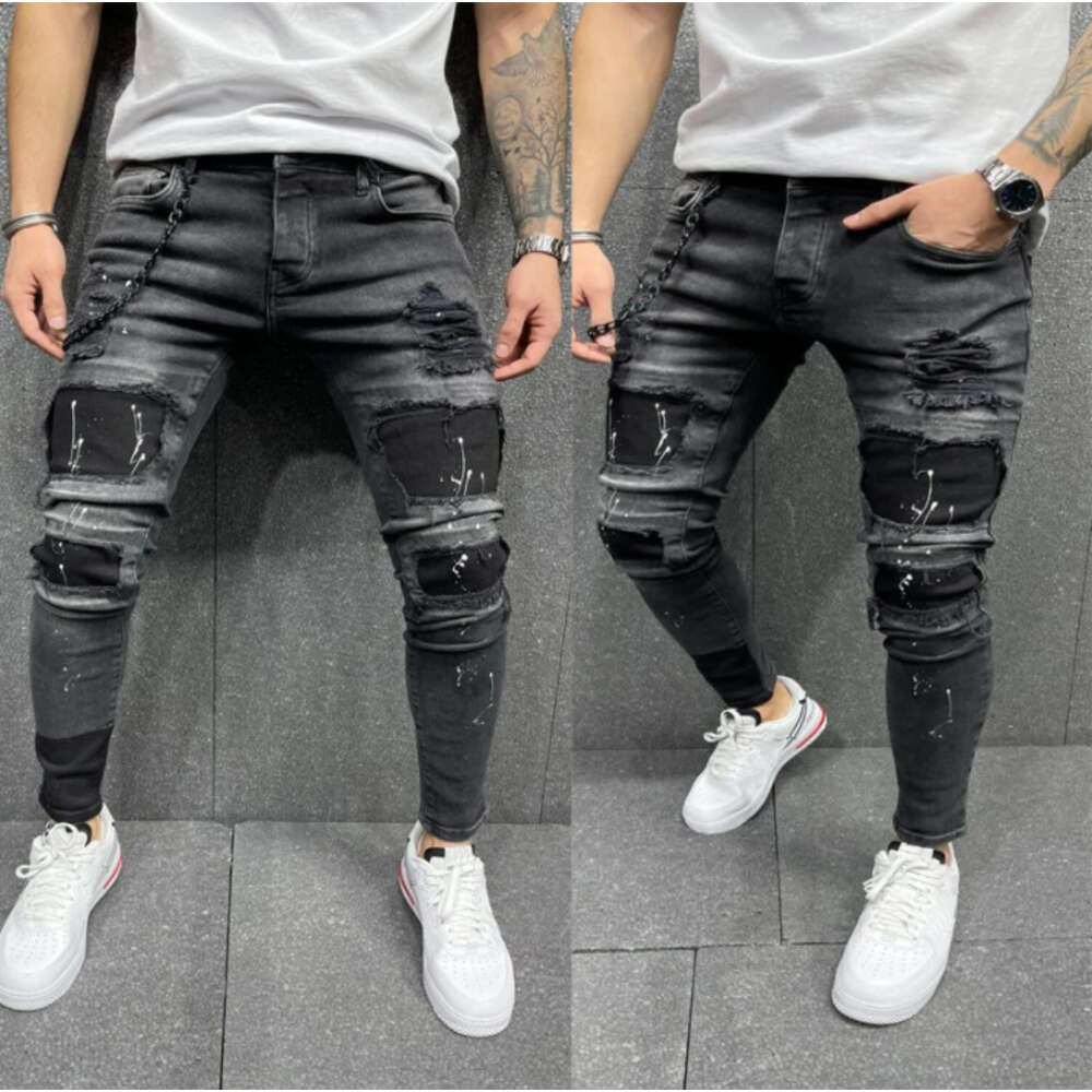 Spring Festival Does Not Close. Men's Distressed Printed Sell on Sale, with Patches and Elastic Small Leg Jeans
